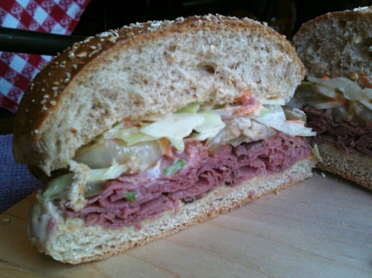 Hot Pastrami Sammy with Grilled Onions and Slaw - Juggling with Julia